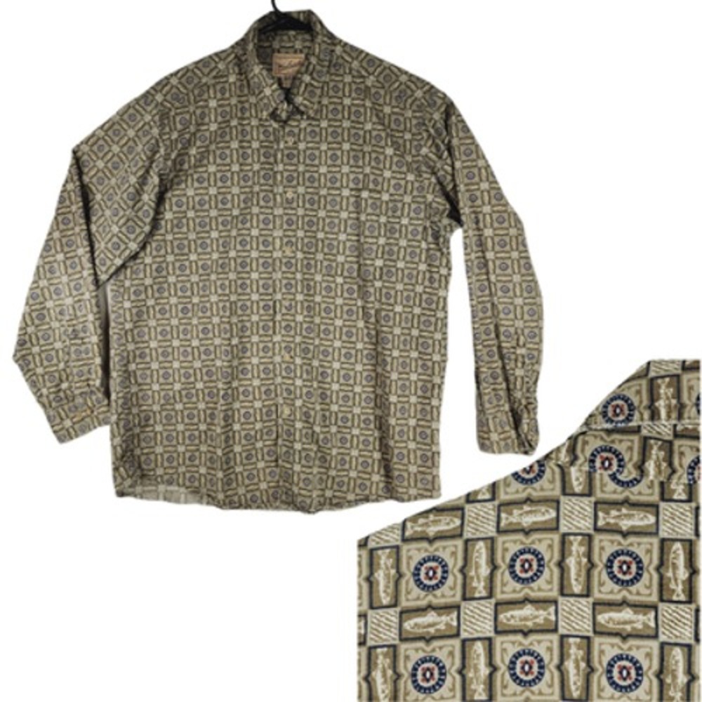 Vtg Woolrich Mens Button Up Shirt sz L Fish Print‎ Olive Green Blue Cotton Peru